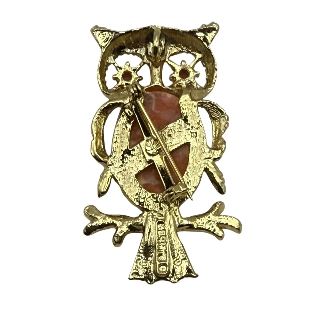 Vintage‎ Gerry's Owl Brooch Pin Gold Tone Pink Speckled Stone Bird Jewelry